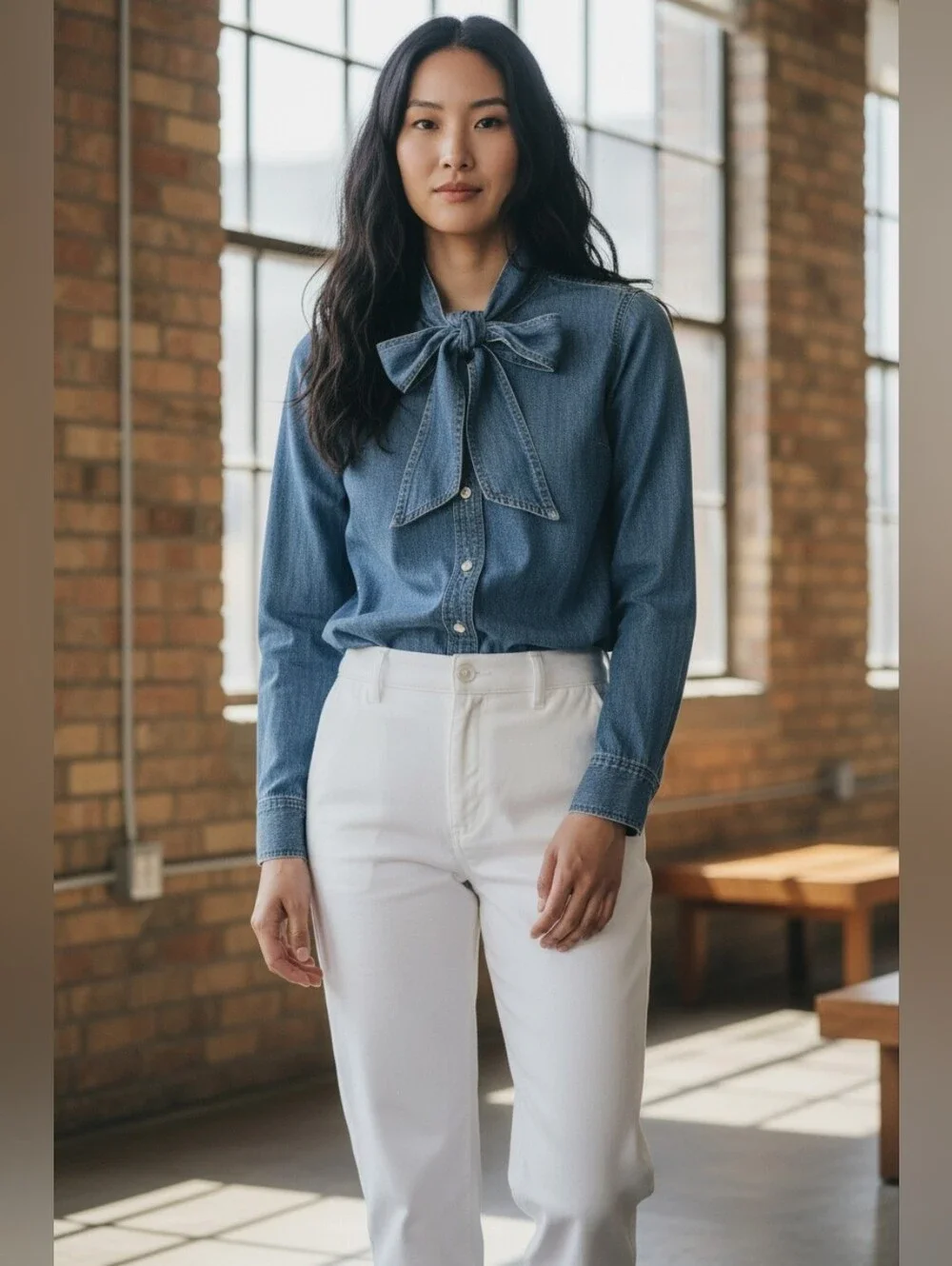 J. Crew Denim Classic-fit chambray bow shirt Sz Large Cotton Blue WT304
